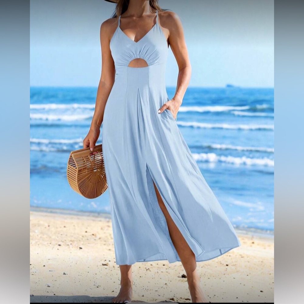 Light Blue Cutout Maxi Dress with Slit